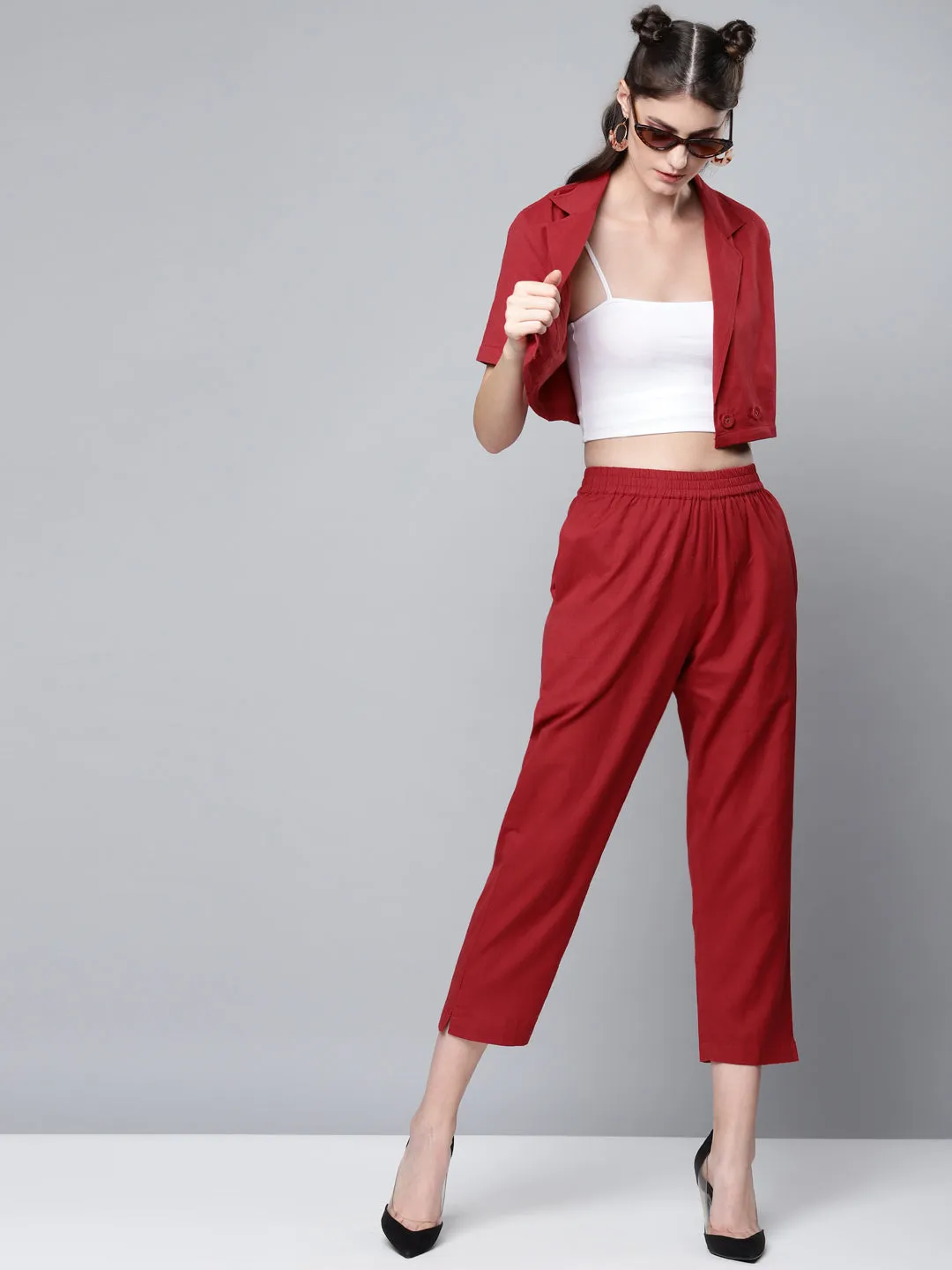 Women Maroon Cotton Linen Crop Blazer Top