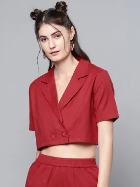 Women Maroon Cotton Linen Crop Blazer Top