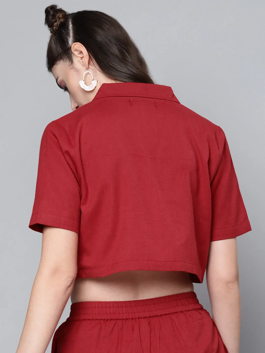 Women Maroon Cotton Linen Crop Blazer Top