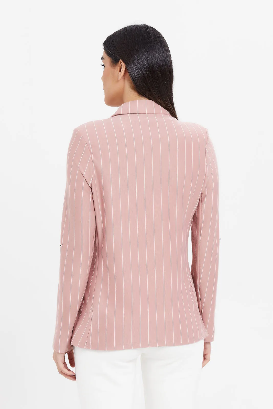 Women Pink Striped Rolled Sleeve Blazer