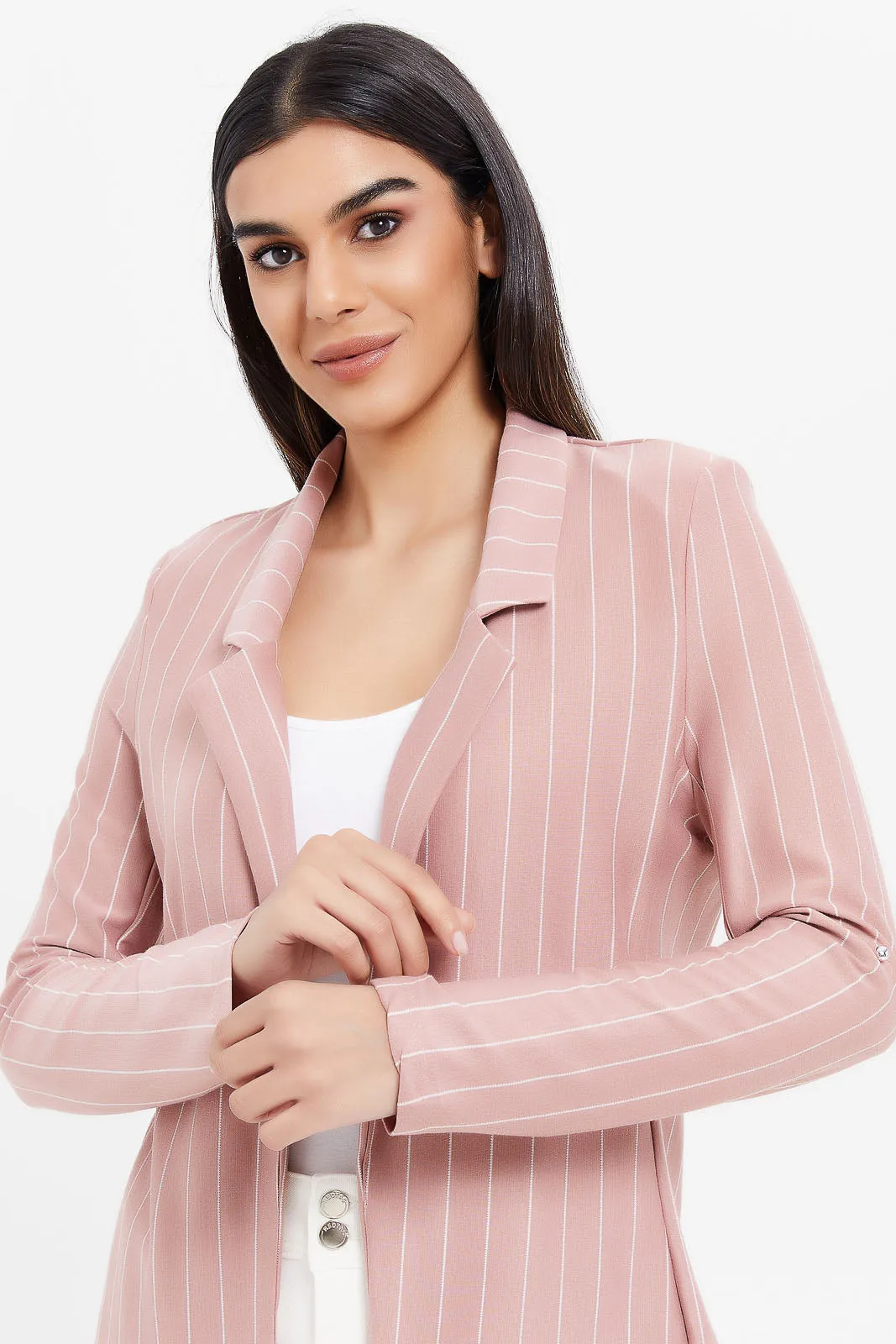 Women Pink Striped Rolled Sleeve Blazer