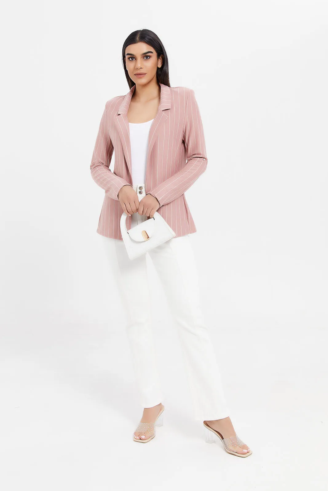 Women Pink Striped Rolled Sleeve Blazer