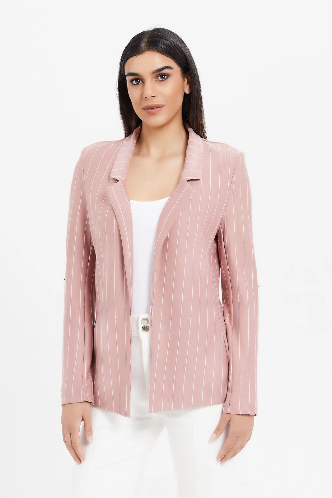 Women Pink Striped Rolled Sleeve Blazer