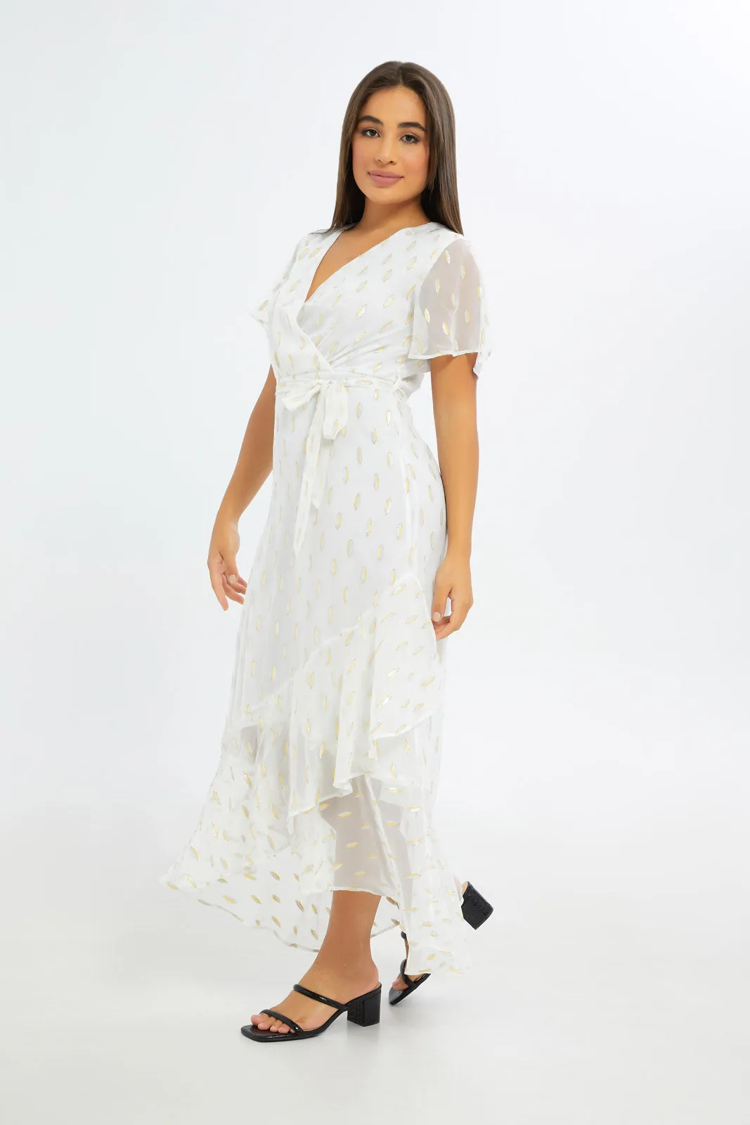 Women White Dobby Wrap Maxi Dress