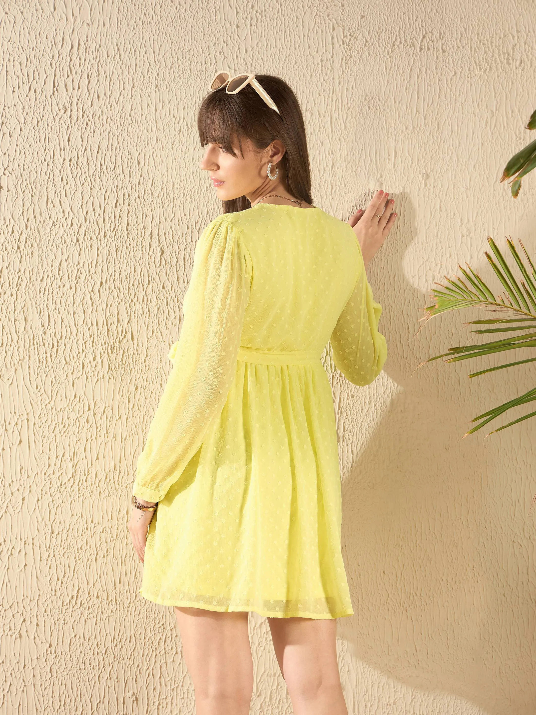 Women Yellow Wrap Full Sleeves Dress