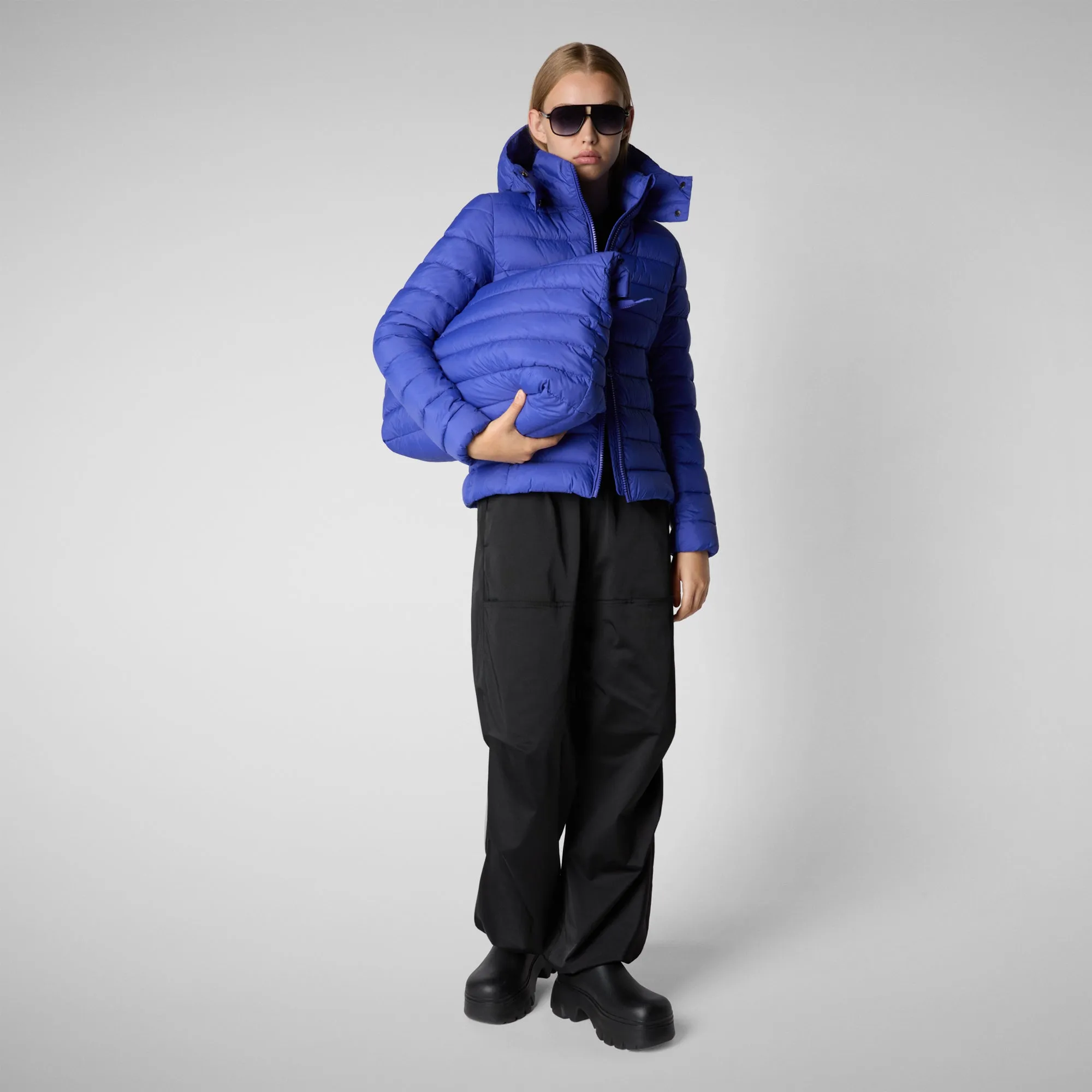 Women's Amelie Animal free Puffer Jacket with Detachable Hood in Gentian Blue