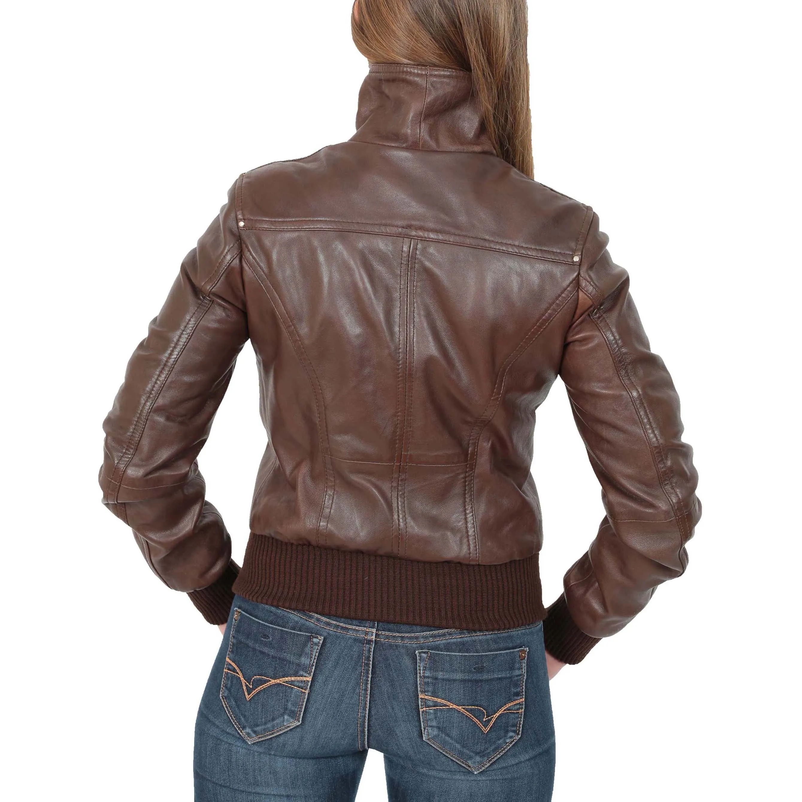 Womens Fitted Bomber Leather Jacket Cameron Brown