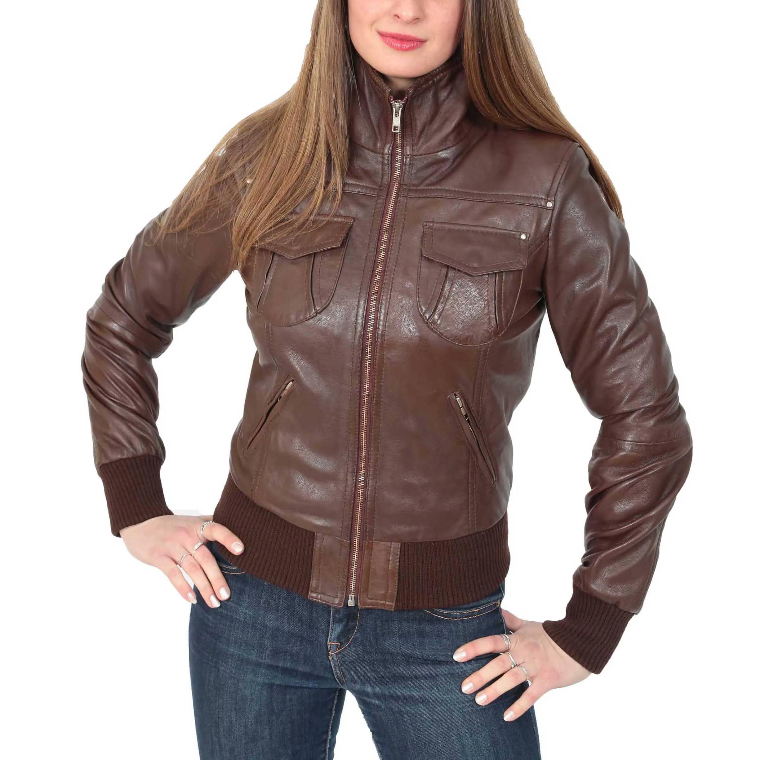 Womens Fitted Bomber Leather Jacket Cameron Brown