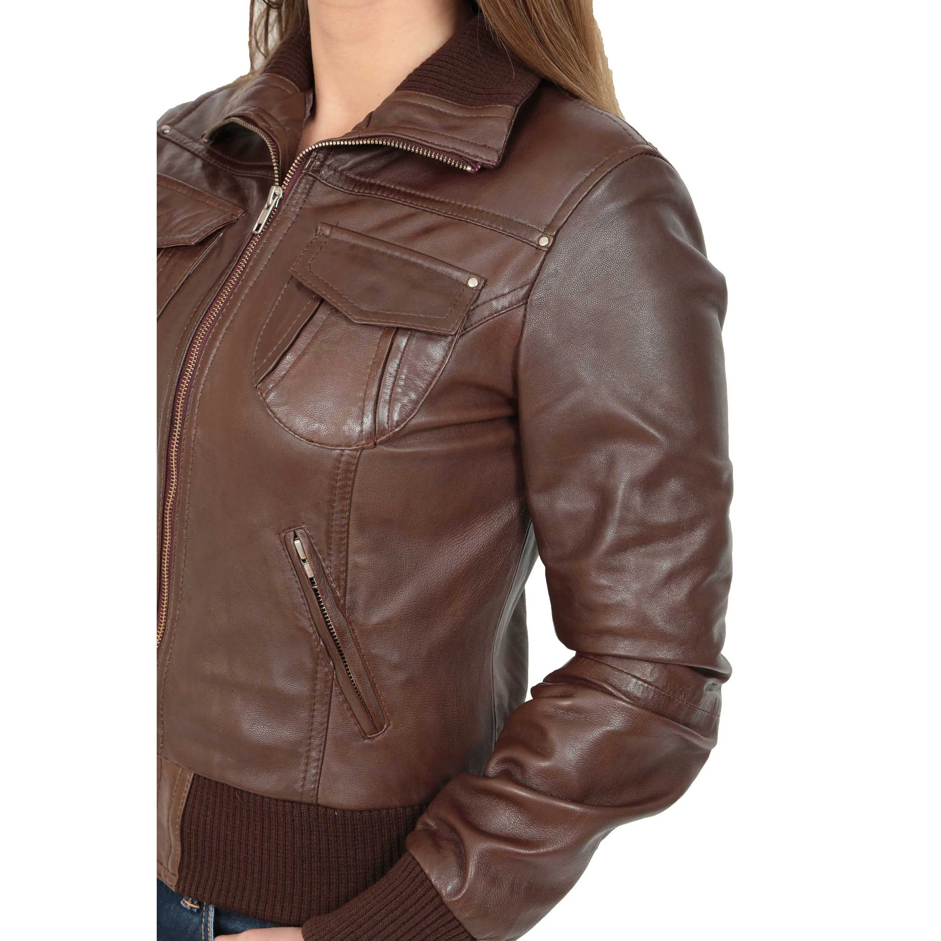 Womens Fitted Bomber Leather Jacket Cameron Brown