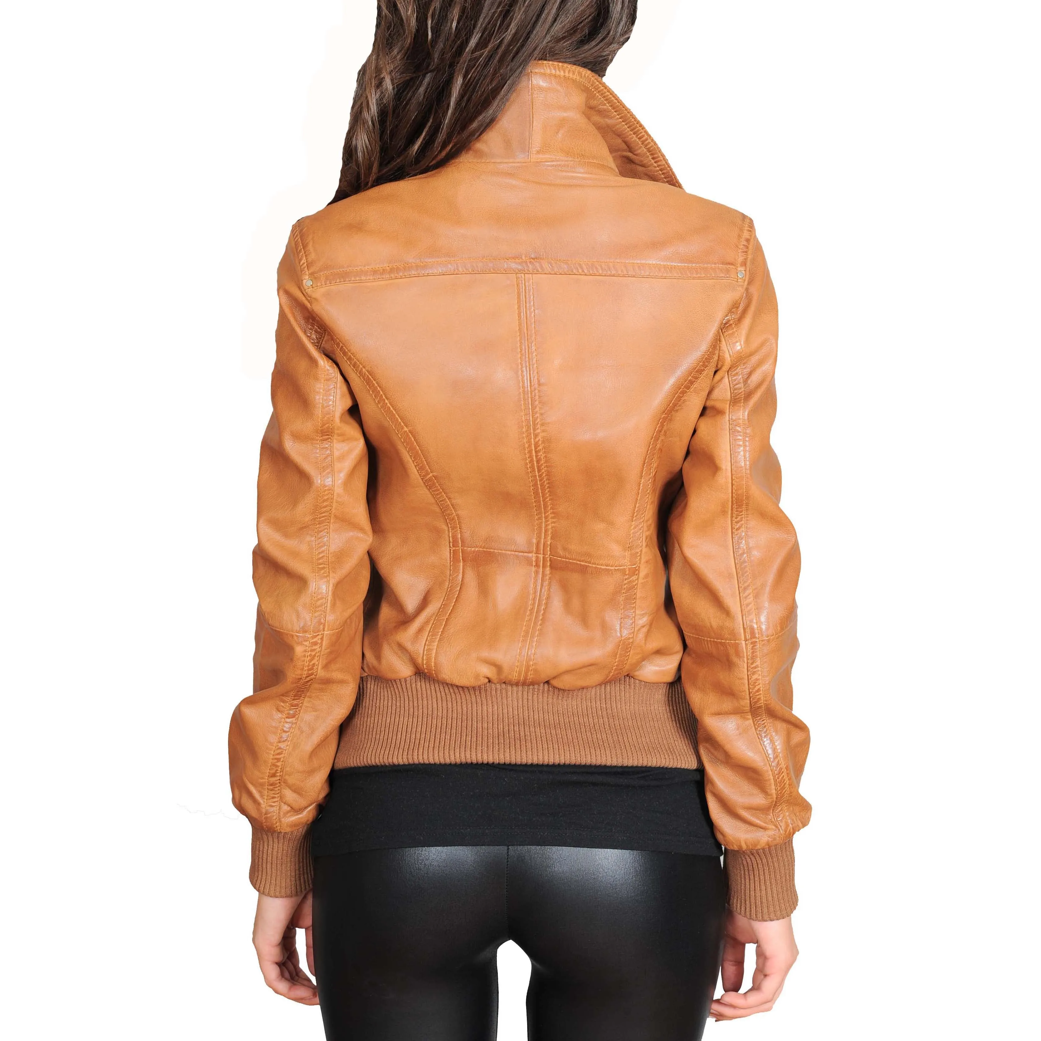 Womens Fitted Bomber Leather Jacket Cameron Tan