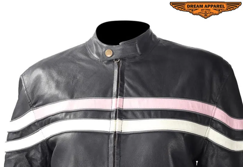 Womens Leather Jacket With Cream & Pink Stripes