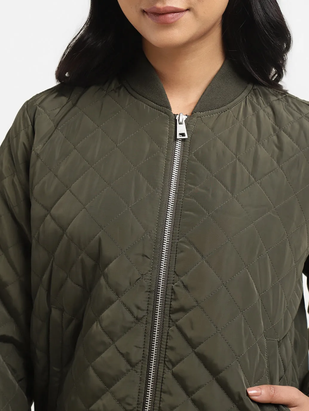 Women's Solid Green Collar Neck Bomber Jacket