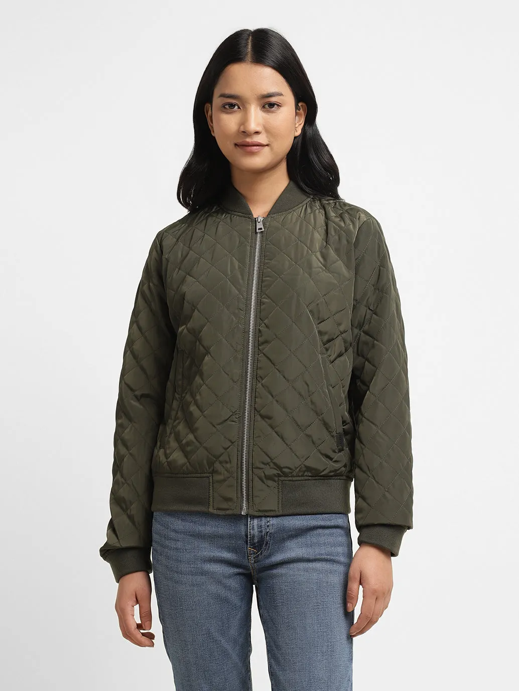 Women's Solid Green Collar Neck Bomber Jacket