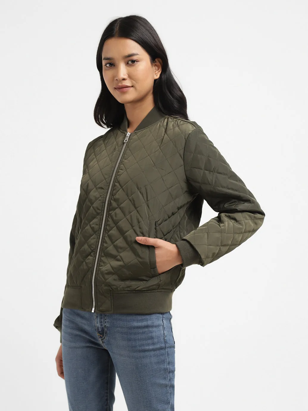 Women's Solid Green Collar Neck Bomber Jacket