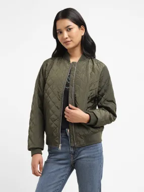 Women's Solid Green Collar Neck Bomber Jacket