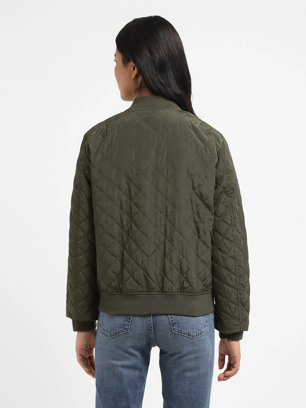 Women's Solid Green Collar Neck Bomber Jacket