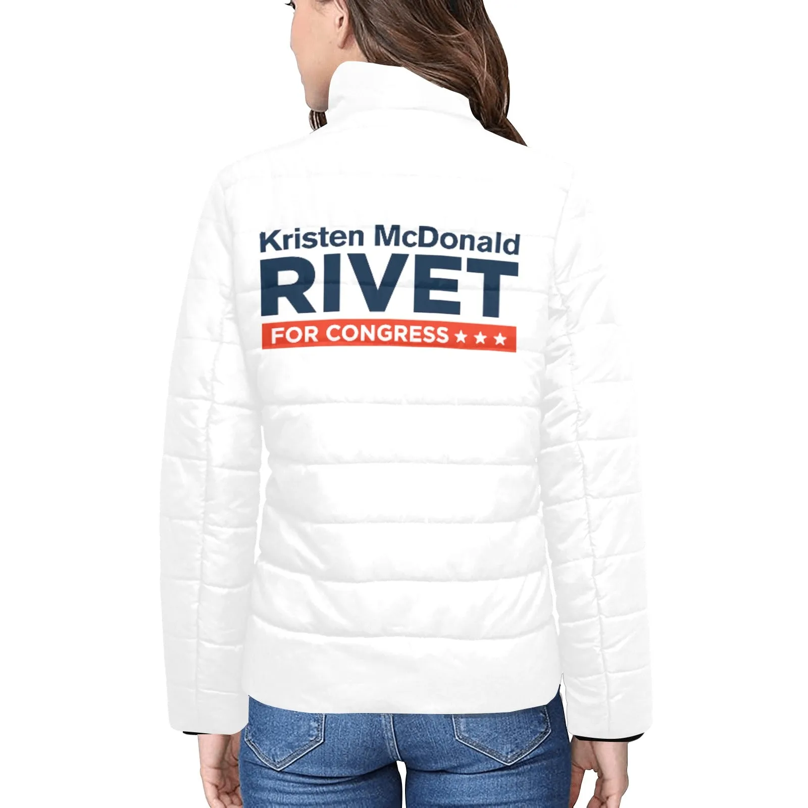 Women's White Puffer Jacket with Kristen McDonald Rivet for Congress Campaign Logo – Front and Back Design