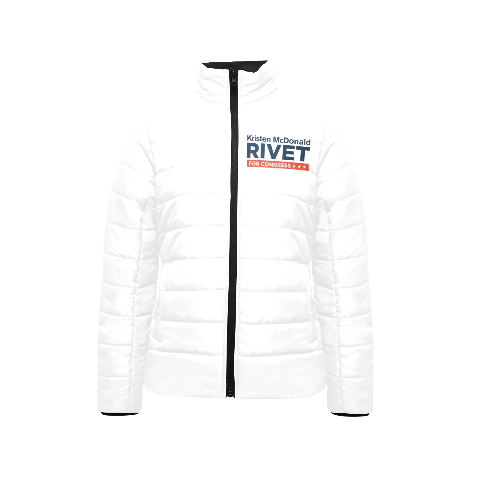 Women's White Puffer Jacket with Kristen McDonald Rivet for Congress Campaign Logo – Front and Back Design