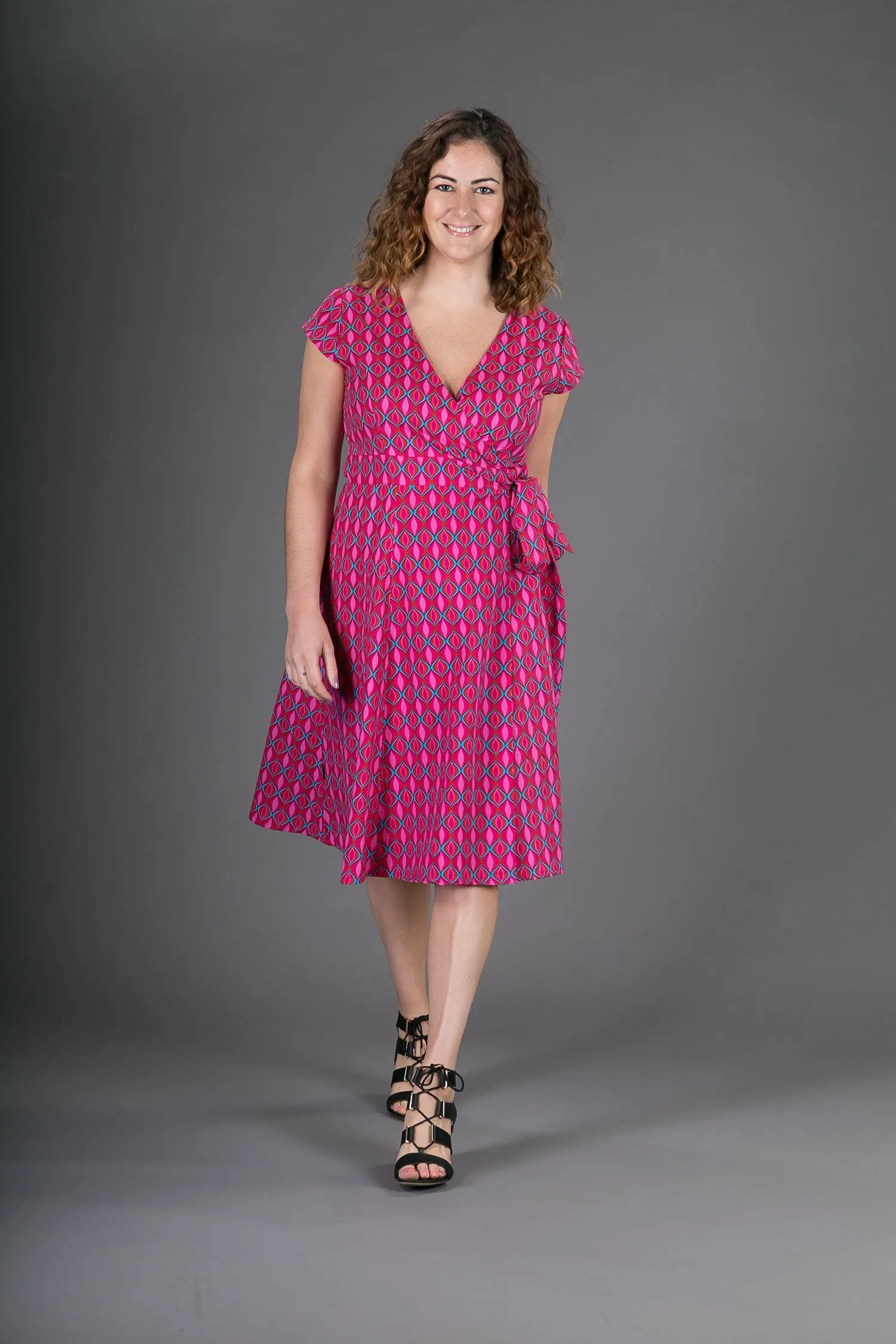 Wrap Cotton Dress Pink Geometric Print