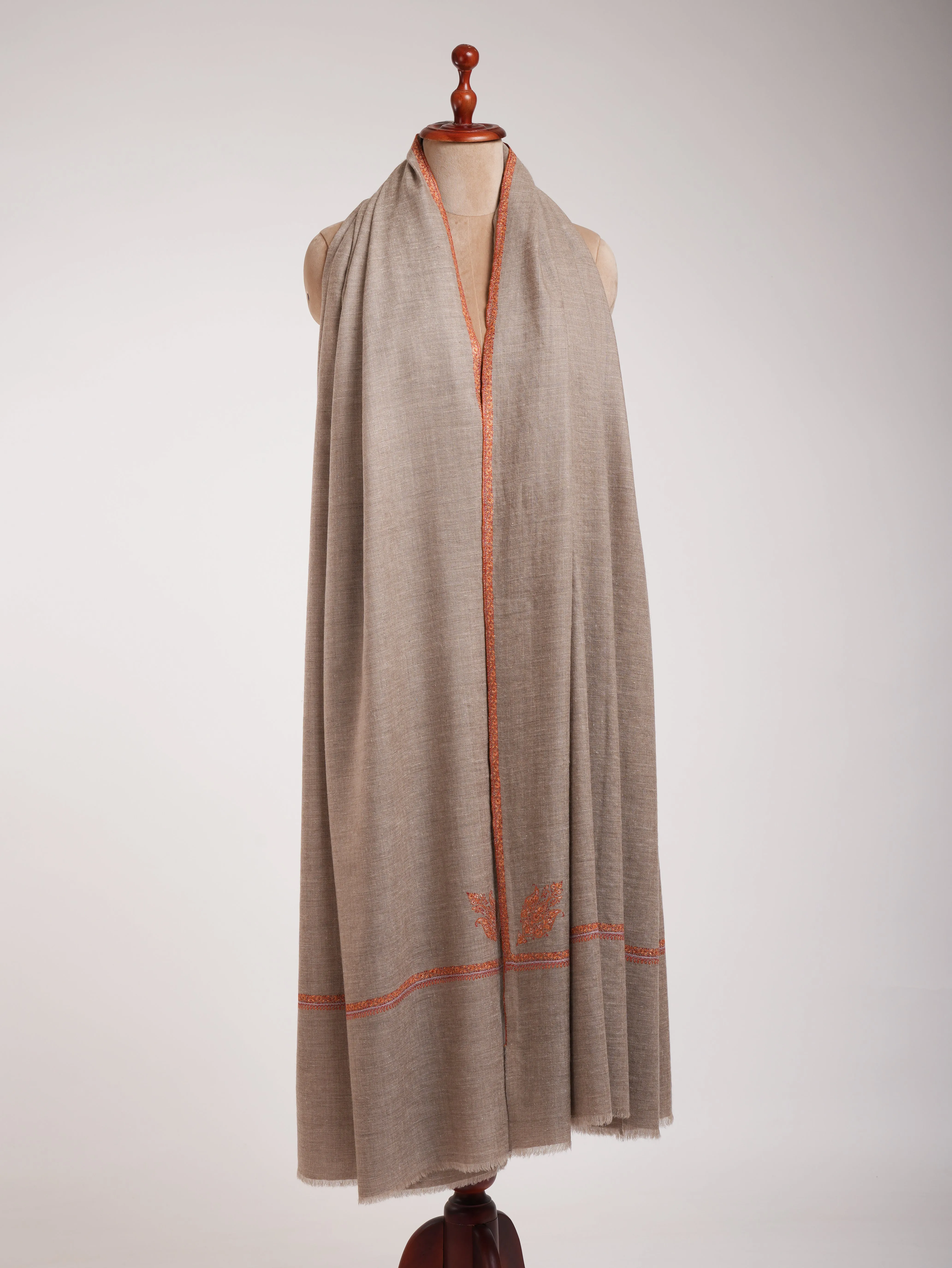 XL Natural Grey Sozni Embroidered Pure Pashmina Shawl