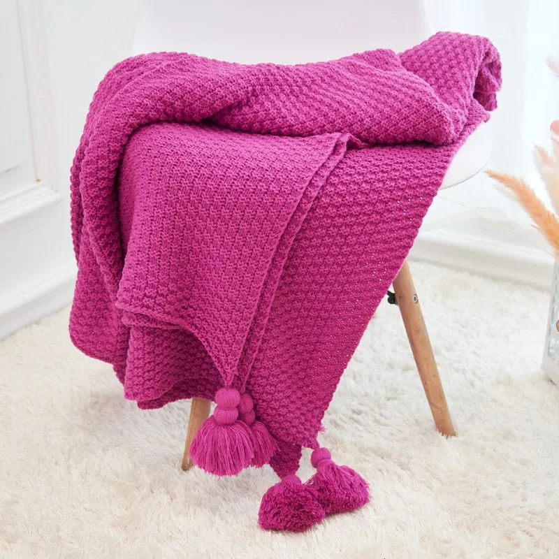 Yeknu Nordic Knitted Blanket for Sofa Shawl Macrame Tassel Pompom Knitted Bedspread Blanket