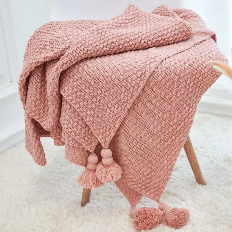 Yeknu Nordic Knitted Blanket for Sofa Shawl Macrame Tassel Pompom Knitted Bedspread Blanket