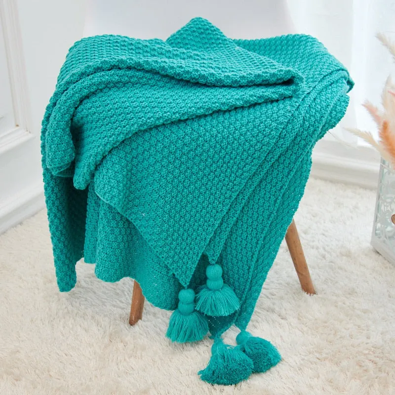 Yeknu Nordic Knitted Blanket for Sofa Shawl Macrame Tassel Pompom Knitted Bedspread Blanket