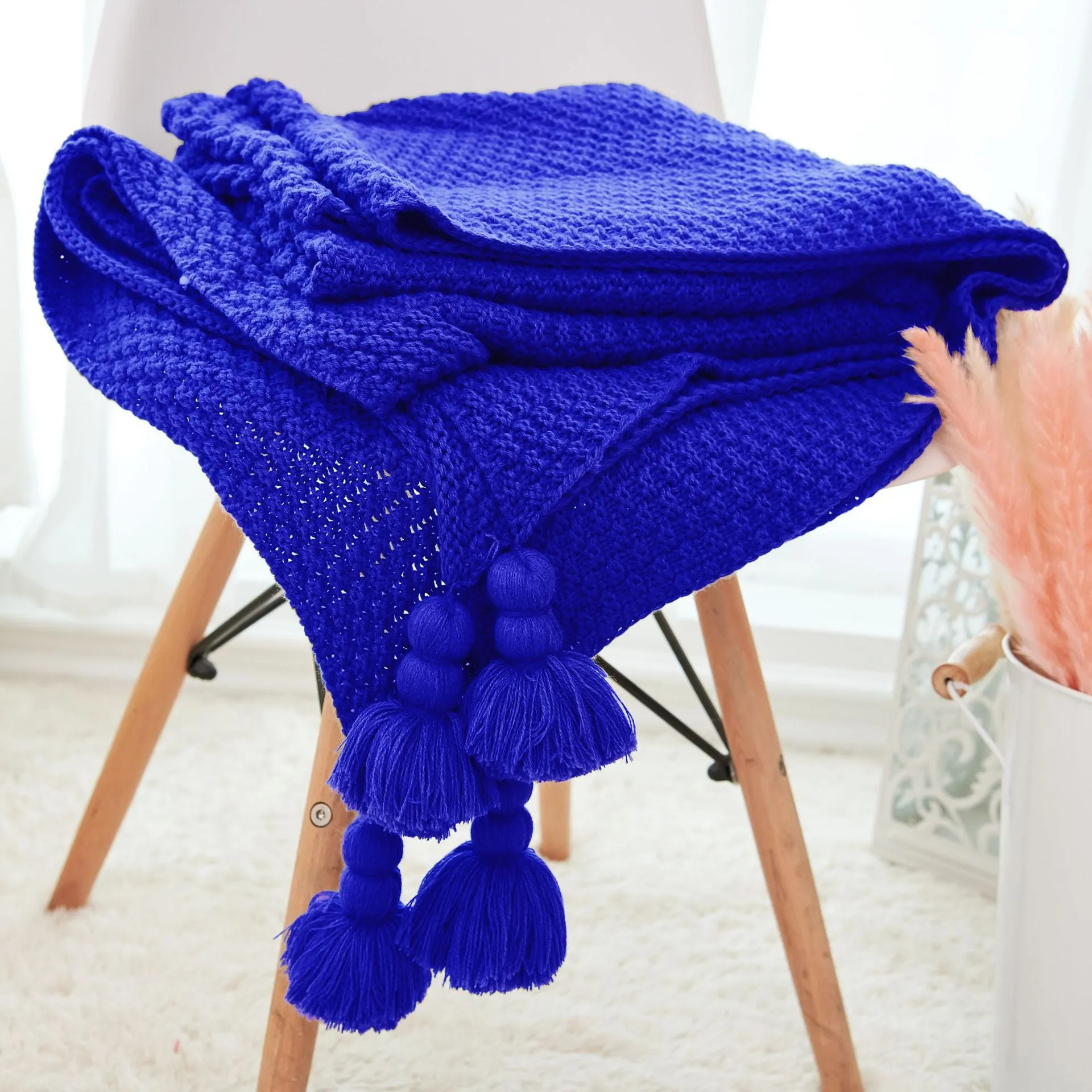 Yeknu Nordic Knitted Blanket for Sofa Shawl Macrame Tassel Pompom Knitted Bedspread Blanket