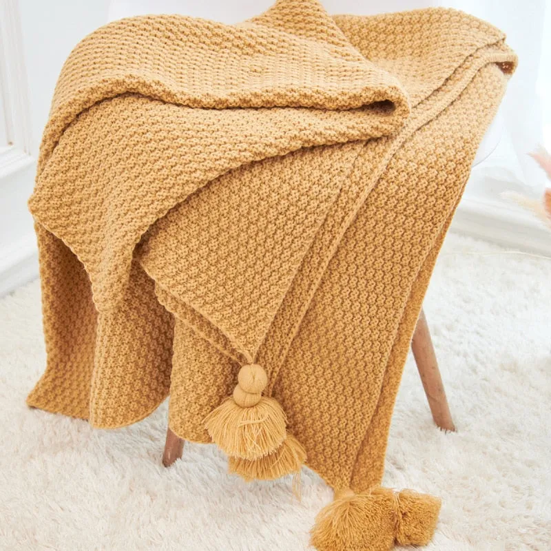 Yeknu Nordic Knitted Blanket for Sofa Shawl Macrame Tassel Pompom Knitted Bedspread Blanket