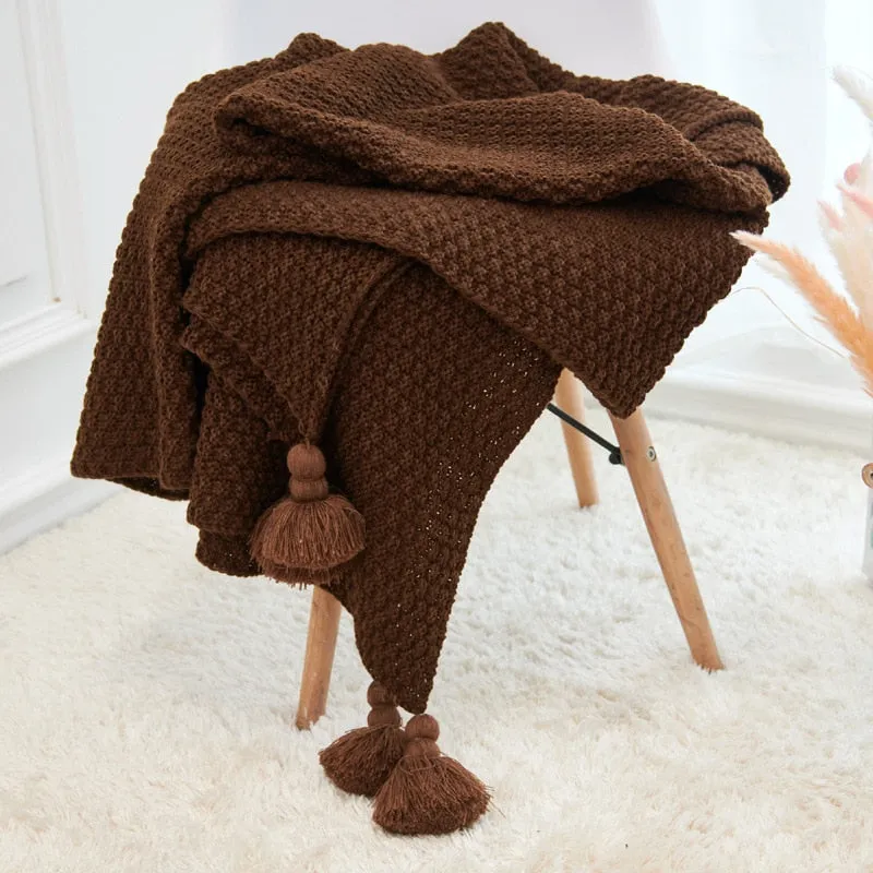 Yeknu Nordic Knitted Blanket for Sofa Shawl Macrame Tassel Pompom Knitted Bedspread Blanket