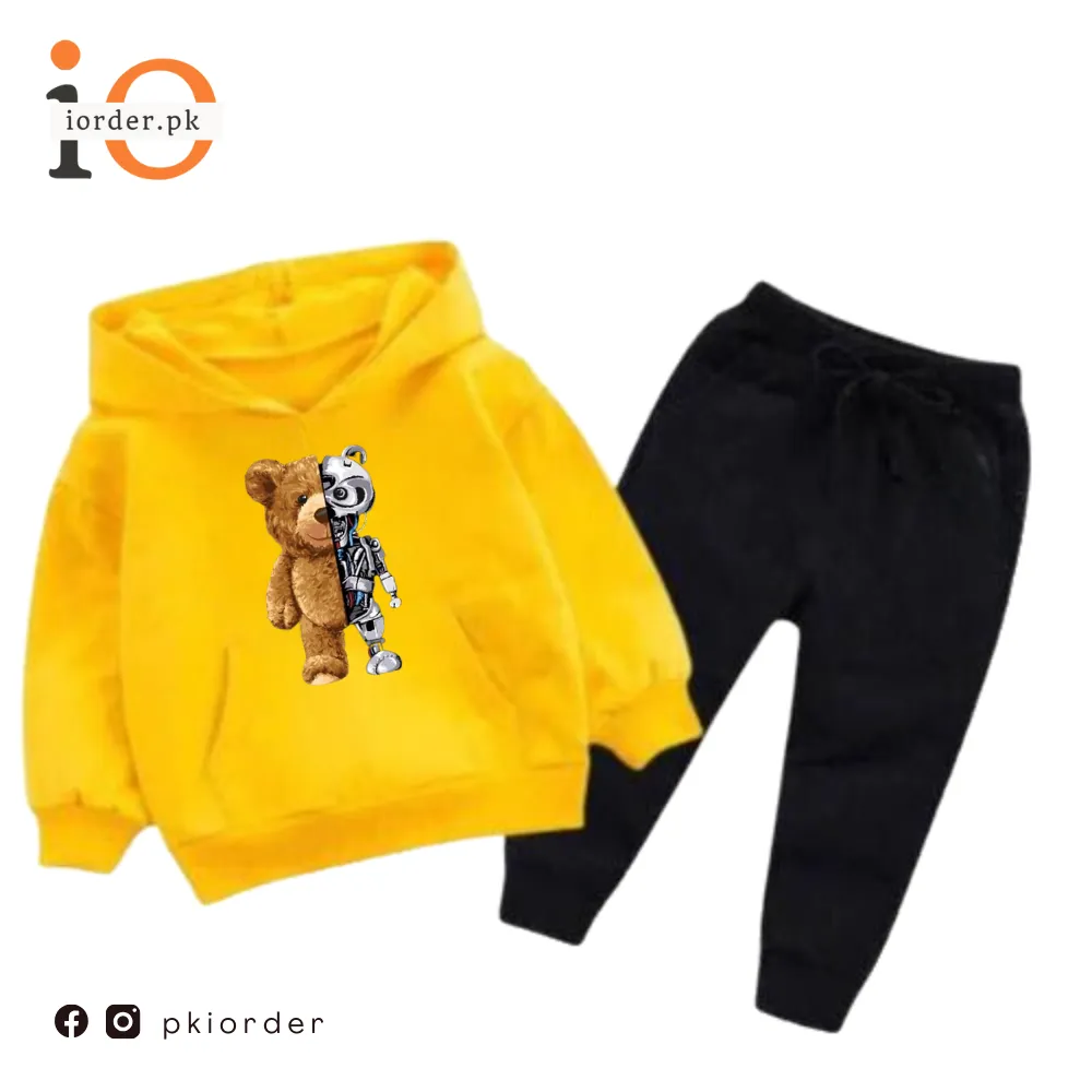 Yellow Robo Bear Printed Kids Hoodie Set